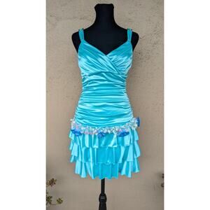 💜Trixxi Blue Ruffle Mini Dress – Fantasy Floral Hip Detail – Size M